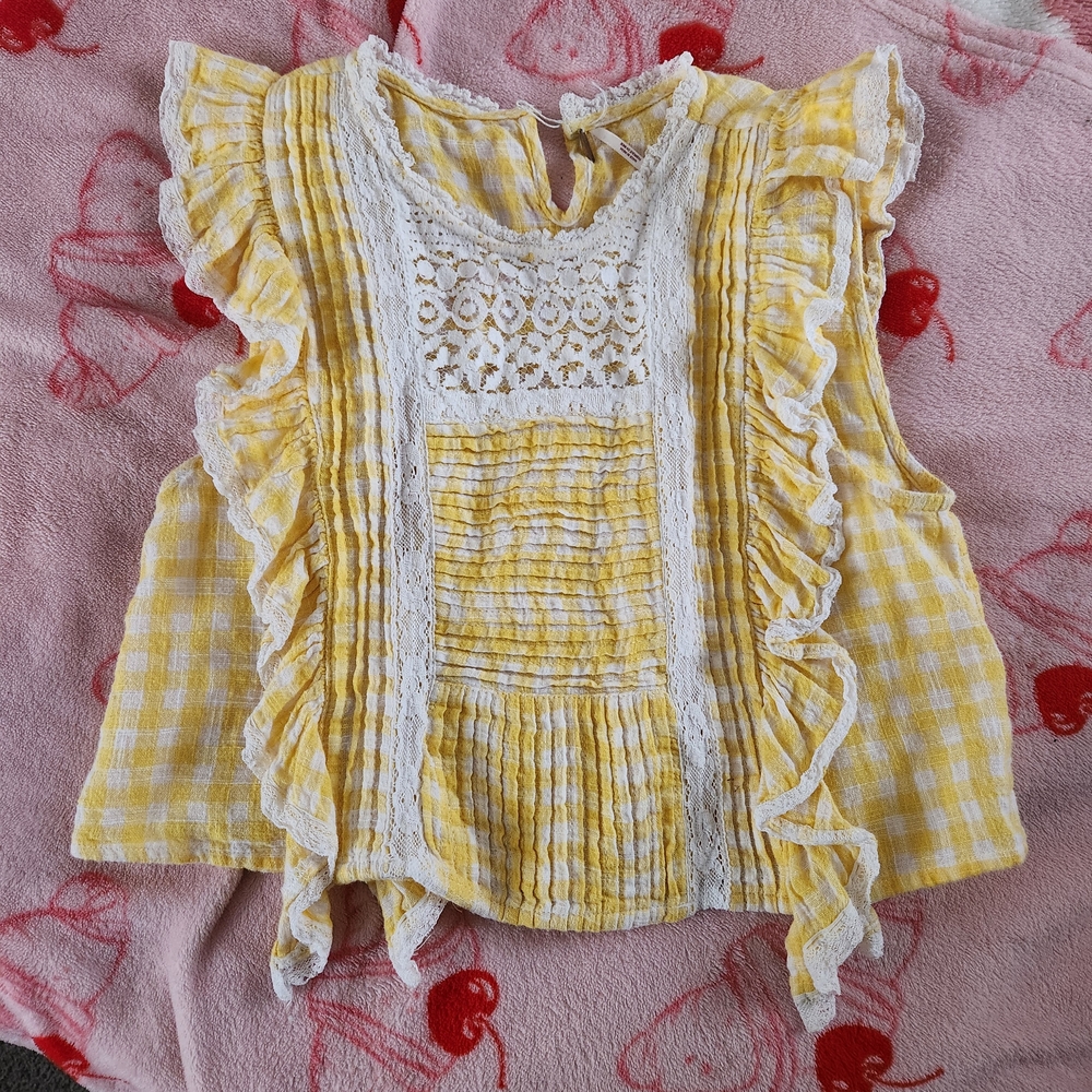 Free People Yellow Gingham Ruffled Blouse